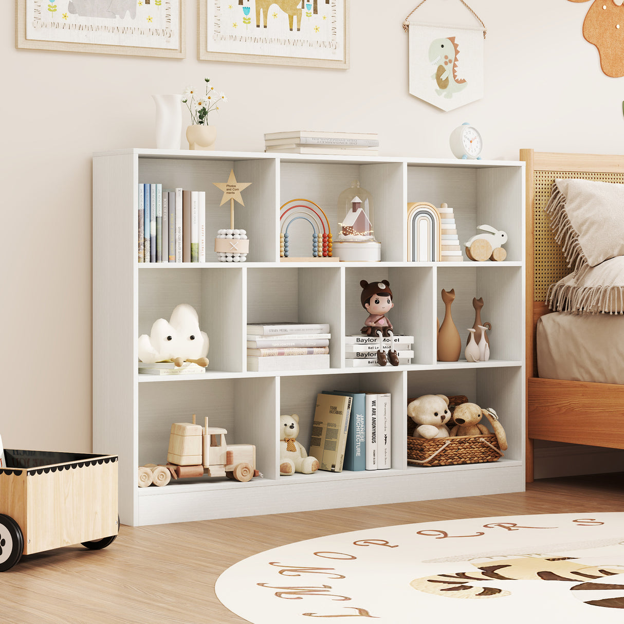 41 inches Wooden Toy Storage Organizer with 10 Cubes for Classroom Daycare Nursery Kindergarten