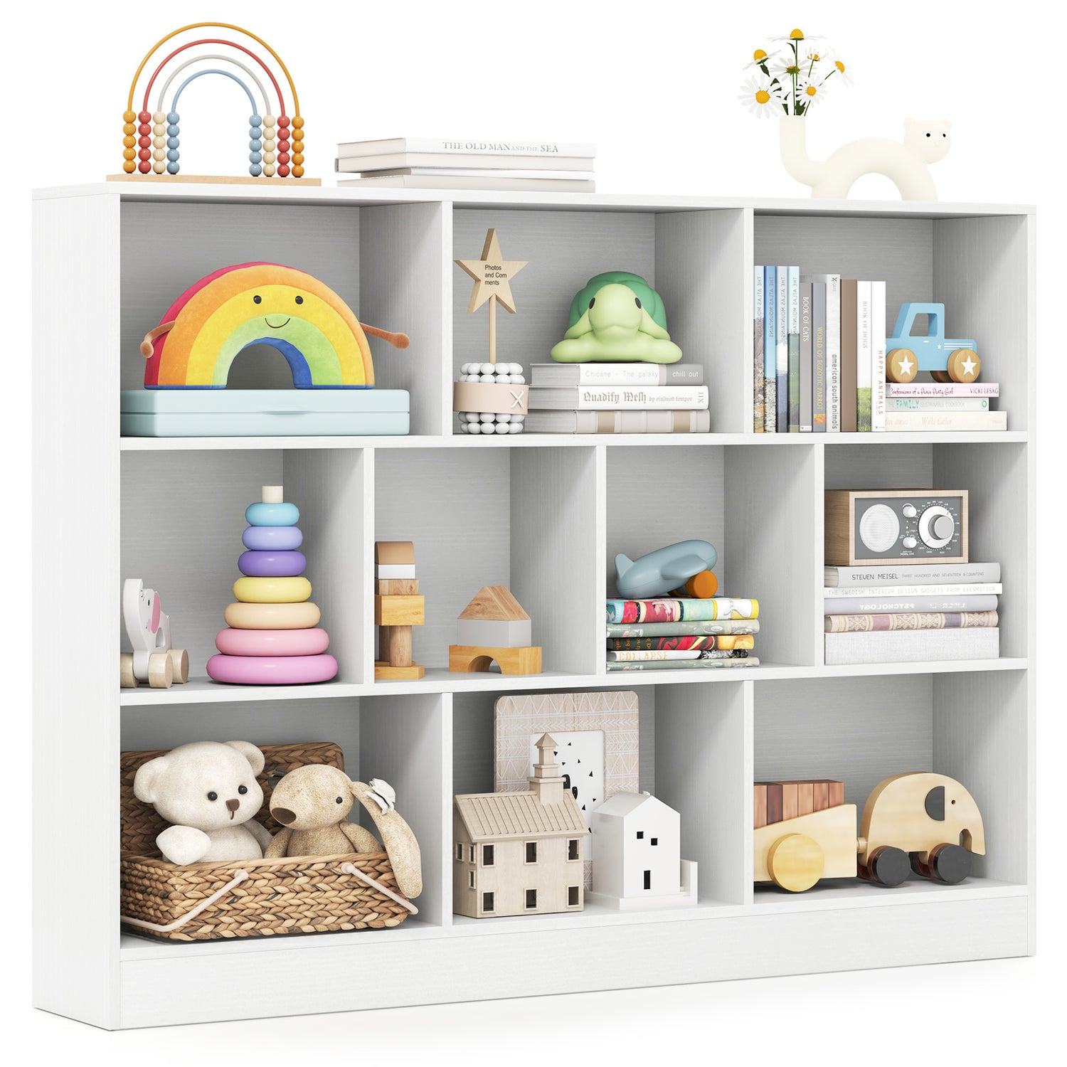41 inches Wooden Toy Storage Organizer with 10 Cubes for Classroom Daycare Nursery Kindergarten