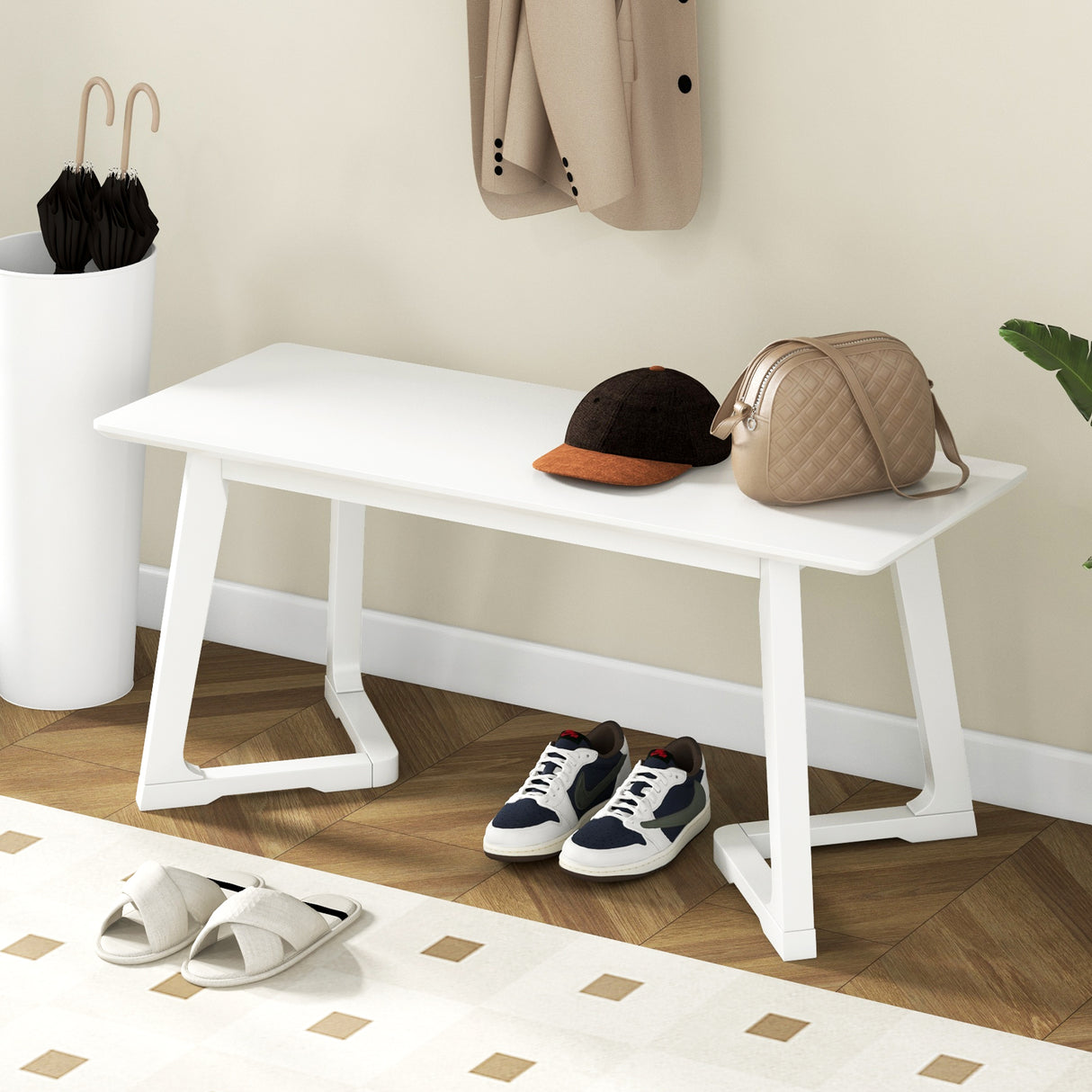 42 Inch Modern Entryway Bench Long Dining Bench with Rubber Wood Legs-White