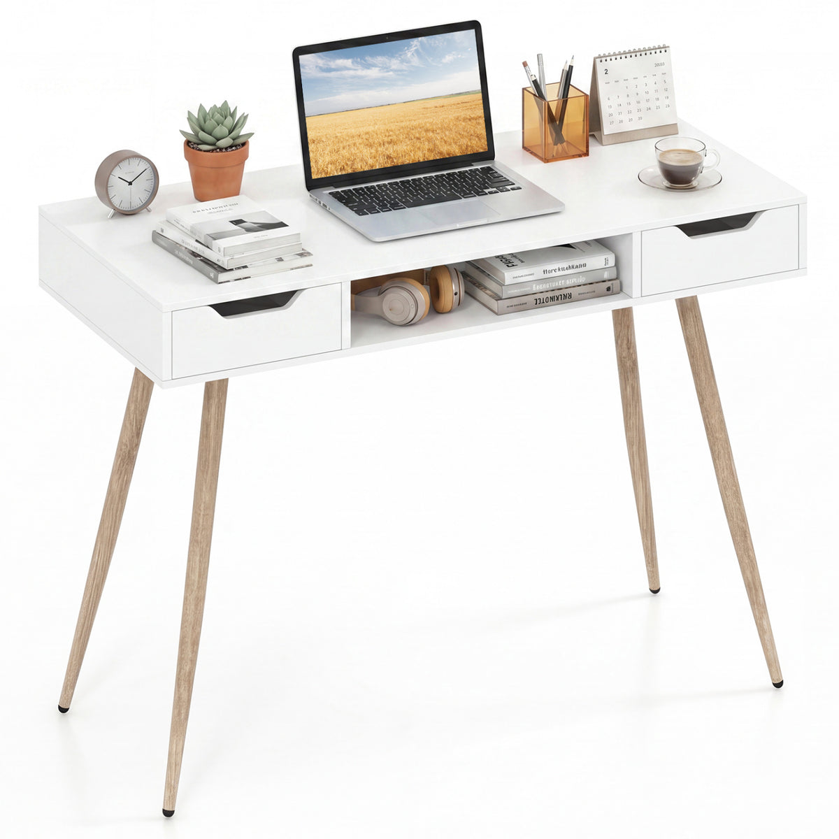 42.5" Mid Century Modern Writing Desk with Metal Leg and Drawers