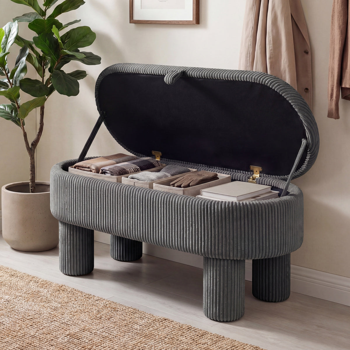 Storage Ottoman Bench Corduroy Fabric Upholstered Foot Stool