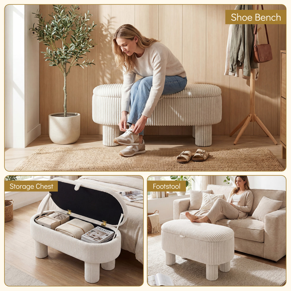 Storage Ottoman Bench Corduroy Fabric Upholstered Foot Stool
