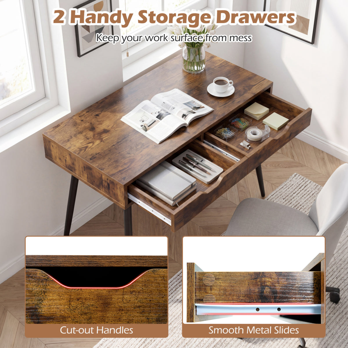 Computer Desk with 2 Drawers for Small Spaces