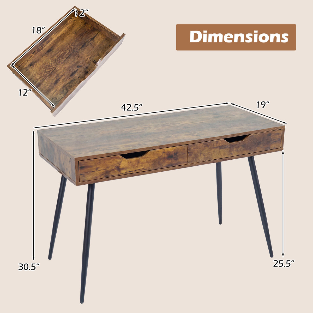 Computer Desk with 2 Drawers for Small Spaces