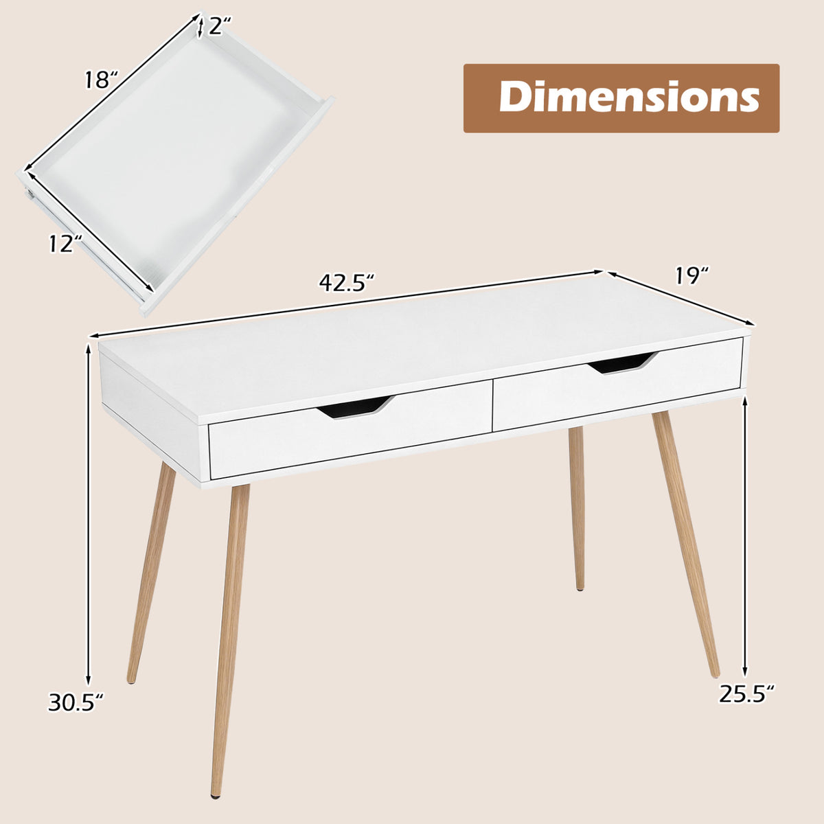 Computer Desk with 2 Drawers for Small Spaces
