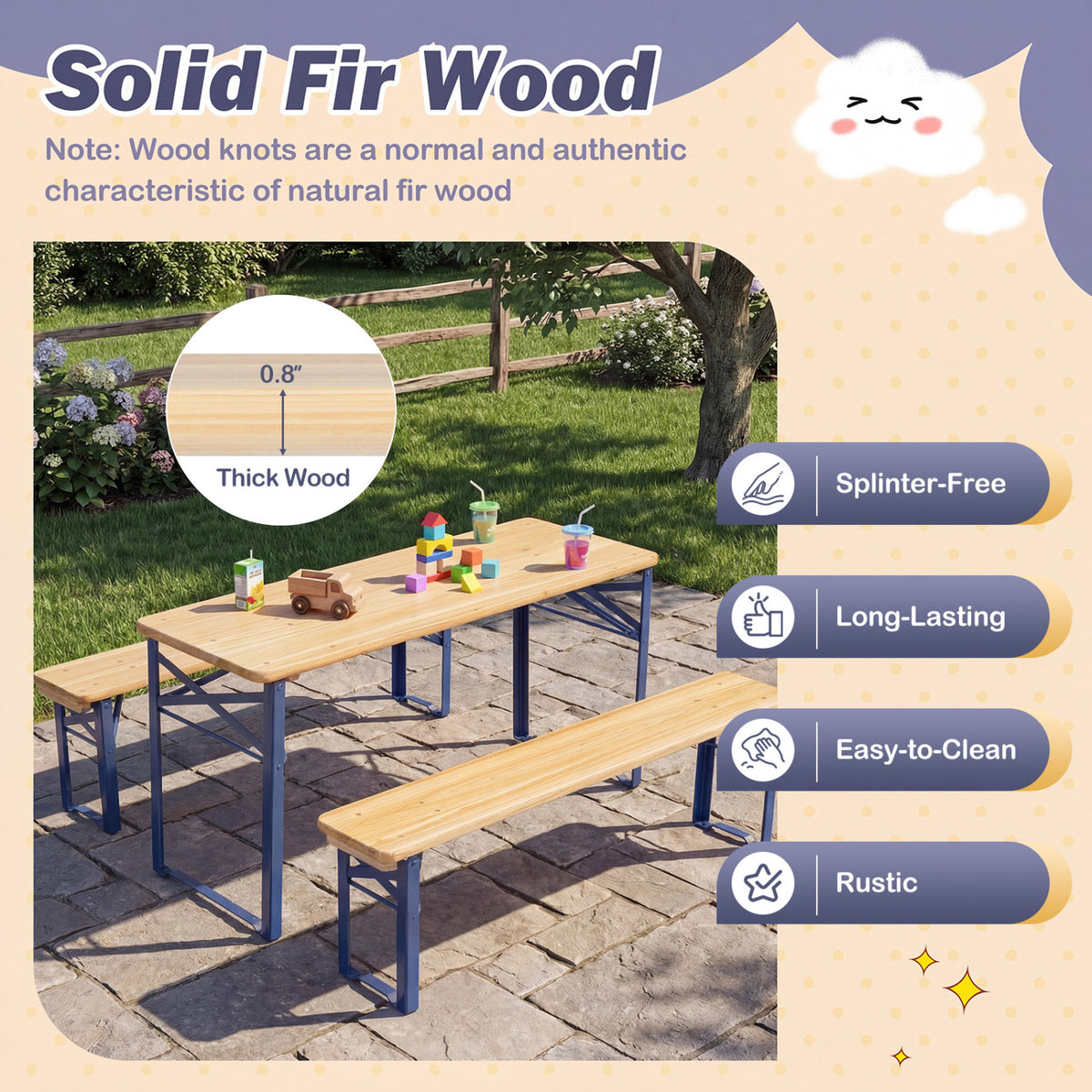 Folding Kids Picnic Table & Bench Set No Assembly Wooden Toddler Table
