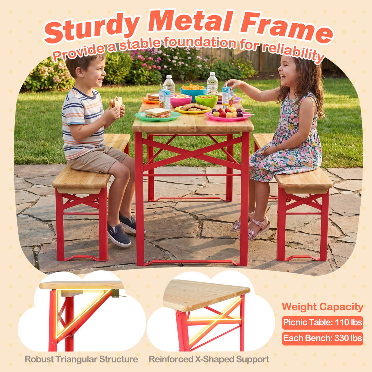 Folding Kids Picnic Table & Bench Set No Assembly Wooden Toddler Table