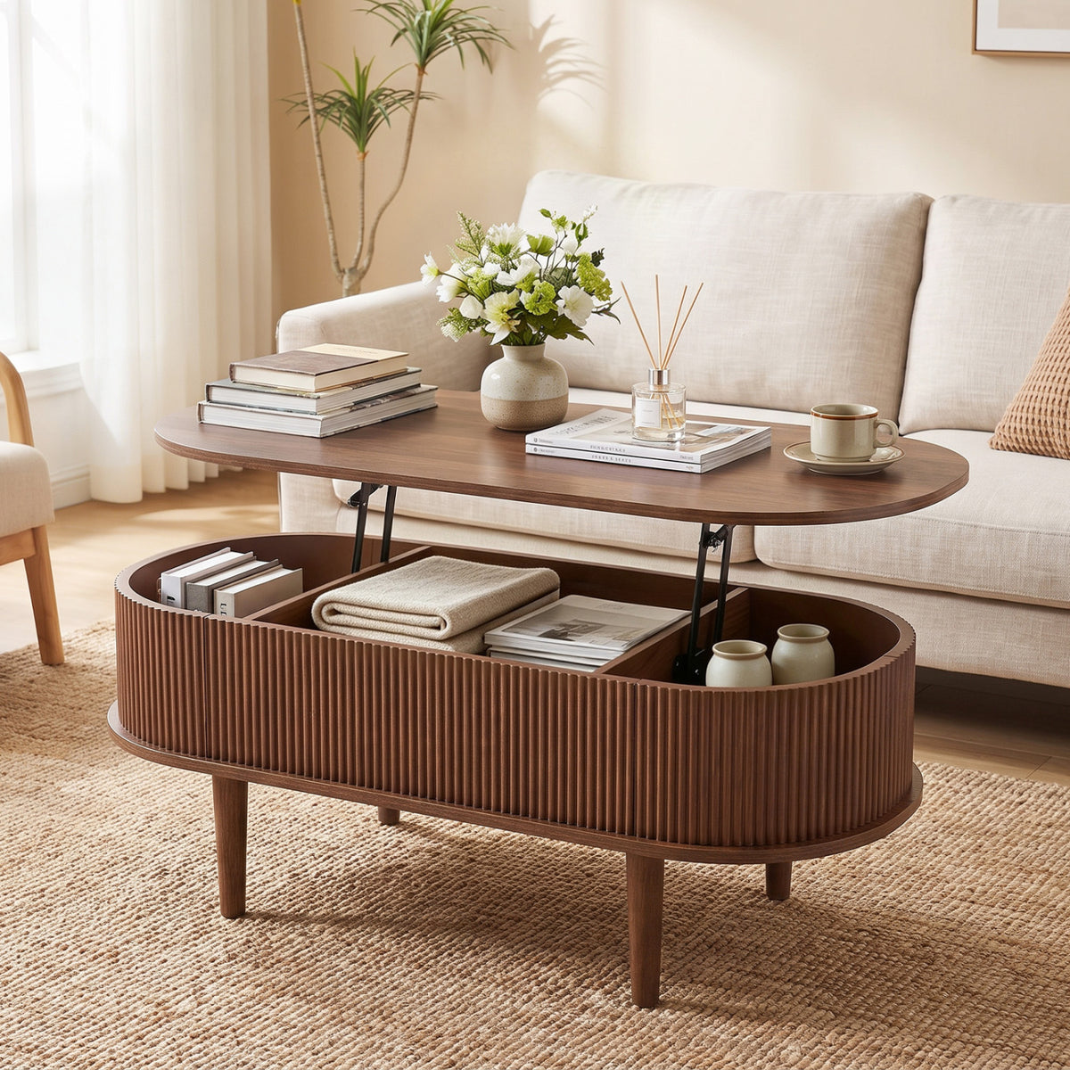 43.5" Oval Lift Top Coffee Table with Storage and Fluted Design for Living Room