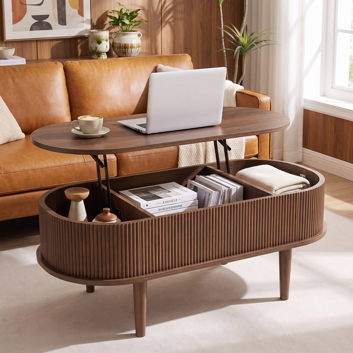 43.5" Oval Lift Top Coffee Table with Storage and Fluted Design for Living Room