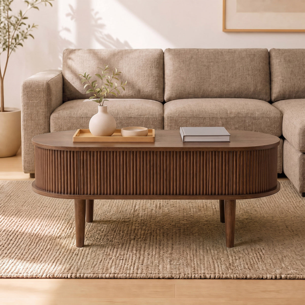 43.5" Oval Lift Top Coffee Table with Storage and Fluted Design for Living Room