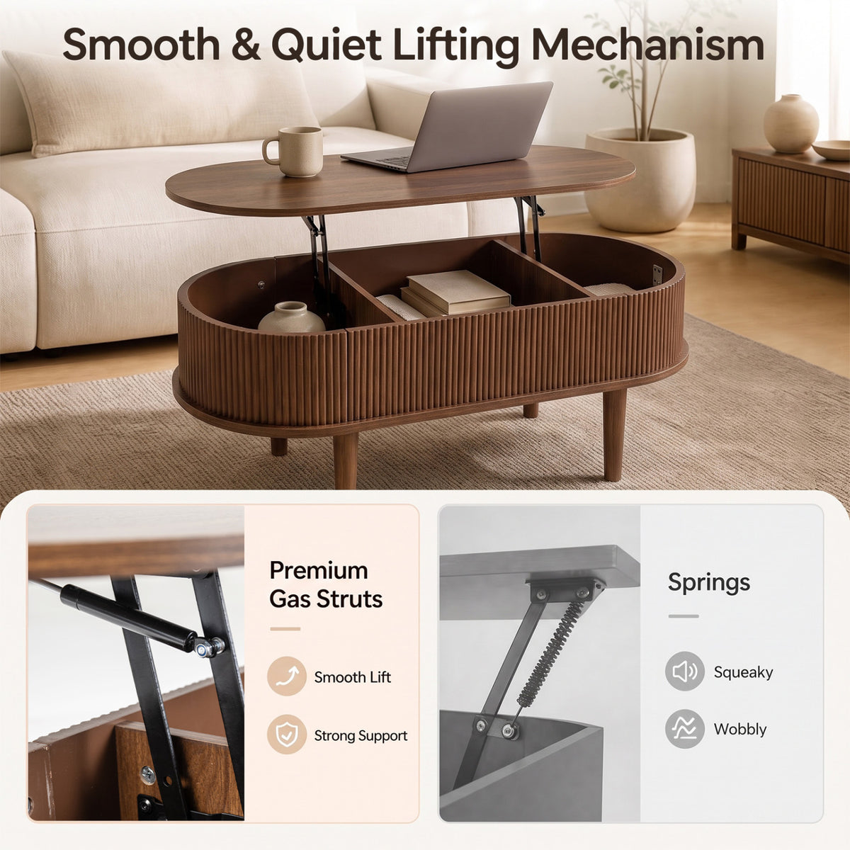 43.5" Oval Lift Top Coffee Table with Storage and Fluted Design for Living Room