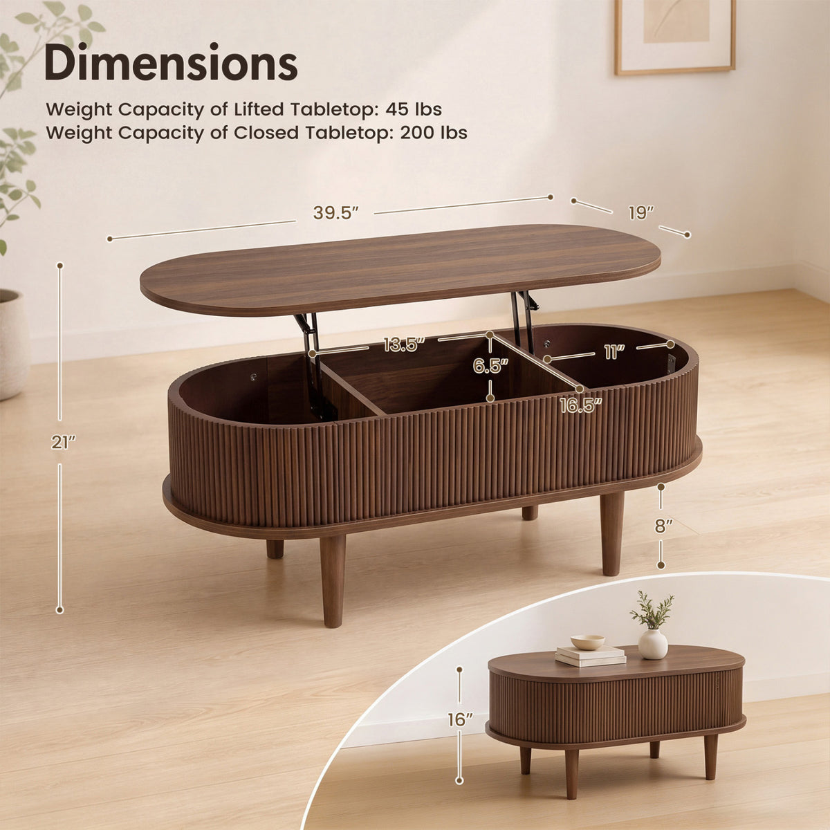 43.5" Oval Lift Top Coffee Table with Storage and Fluted Design for Living Room