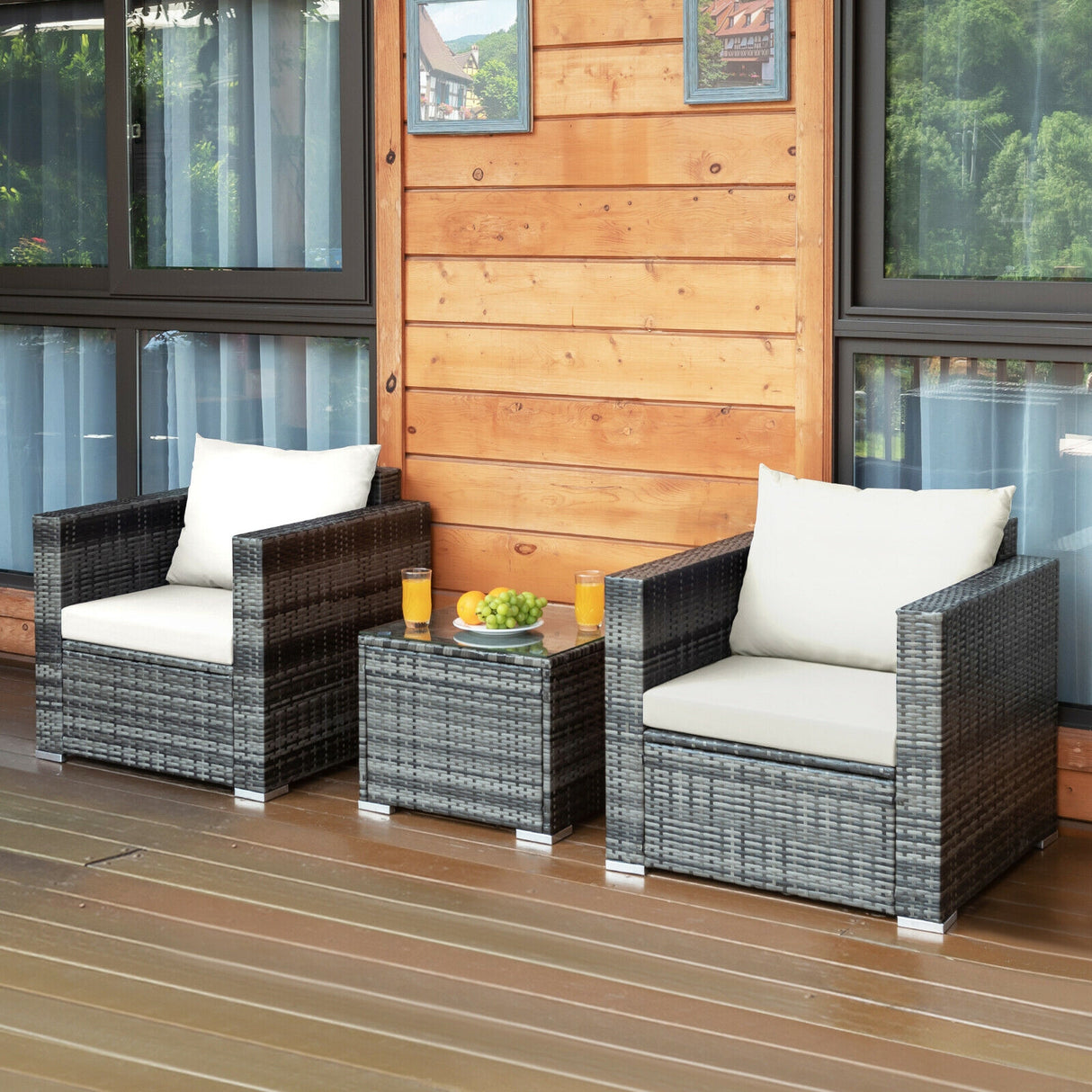 3 Pcs Patio Rattan Furniture Bistro Sofa Set with Cushioned
