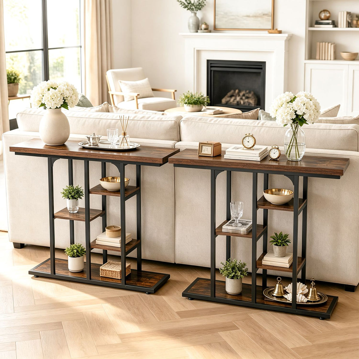 43" Console Table with Storage Shelves and Metal Frame for Entryway Hallway Foyer-Rustic Brown