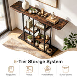 43" Console Table with Storage Shelves and Metal Frame for Entryway Hallway Foyer-Rustic Brown