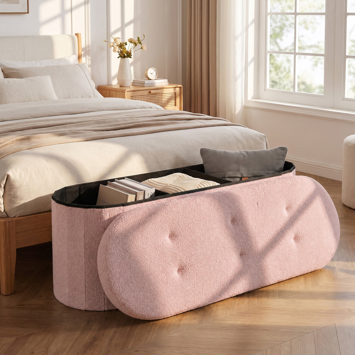 43" Folding Teddy Storage Ottoman Bench with Dividers for Living Room and Bedroom