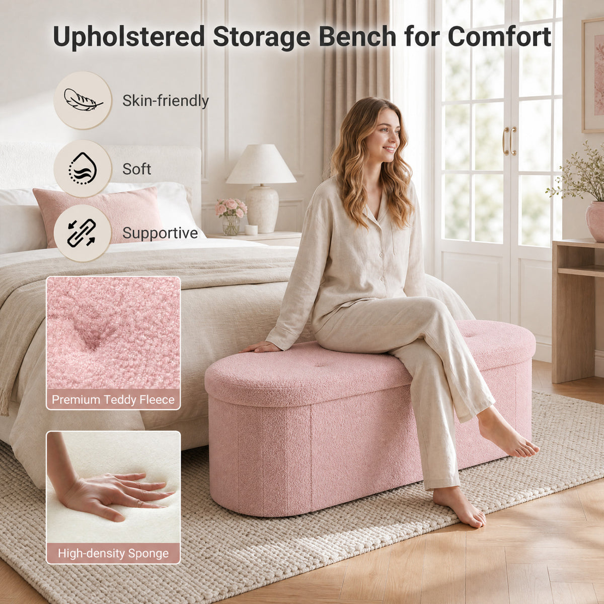 43" Folding Teddy Storage Ottoman Bench with Dividers for Living Room and Bedroom