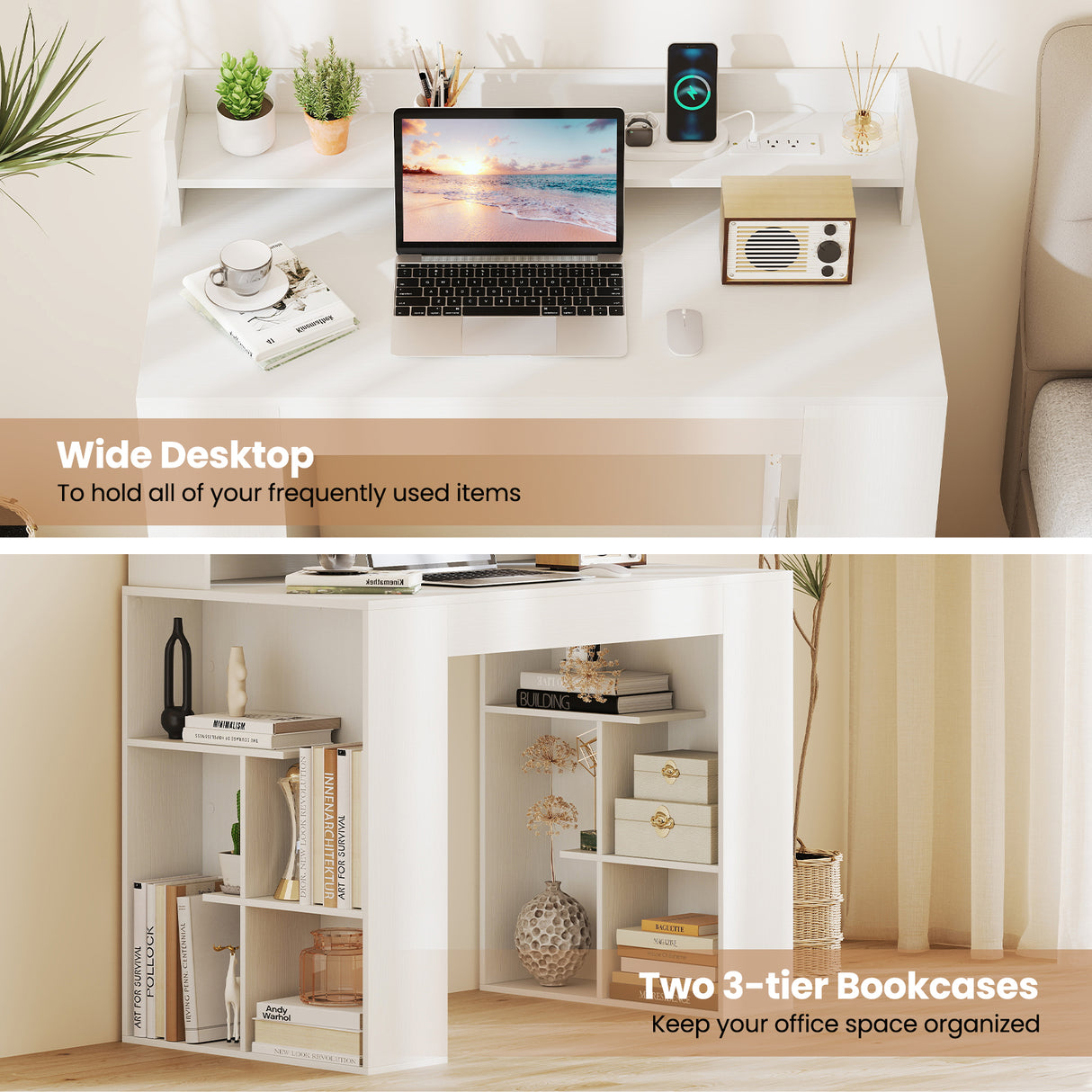 43 Inch Computer Desk with Power Outlets and 2 Bookcases-White