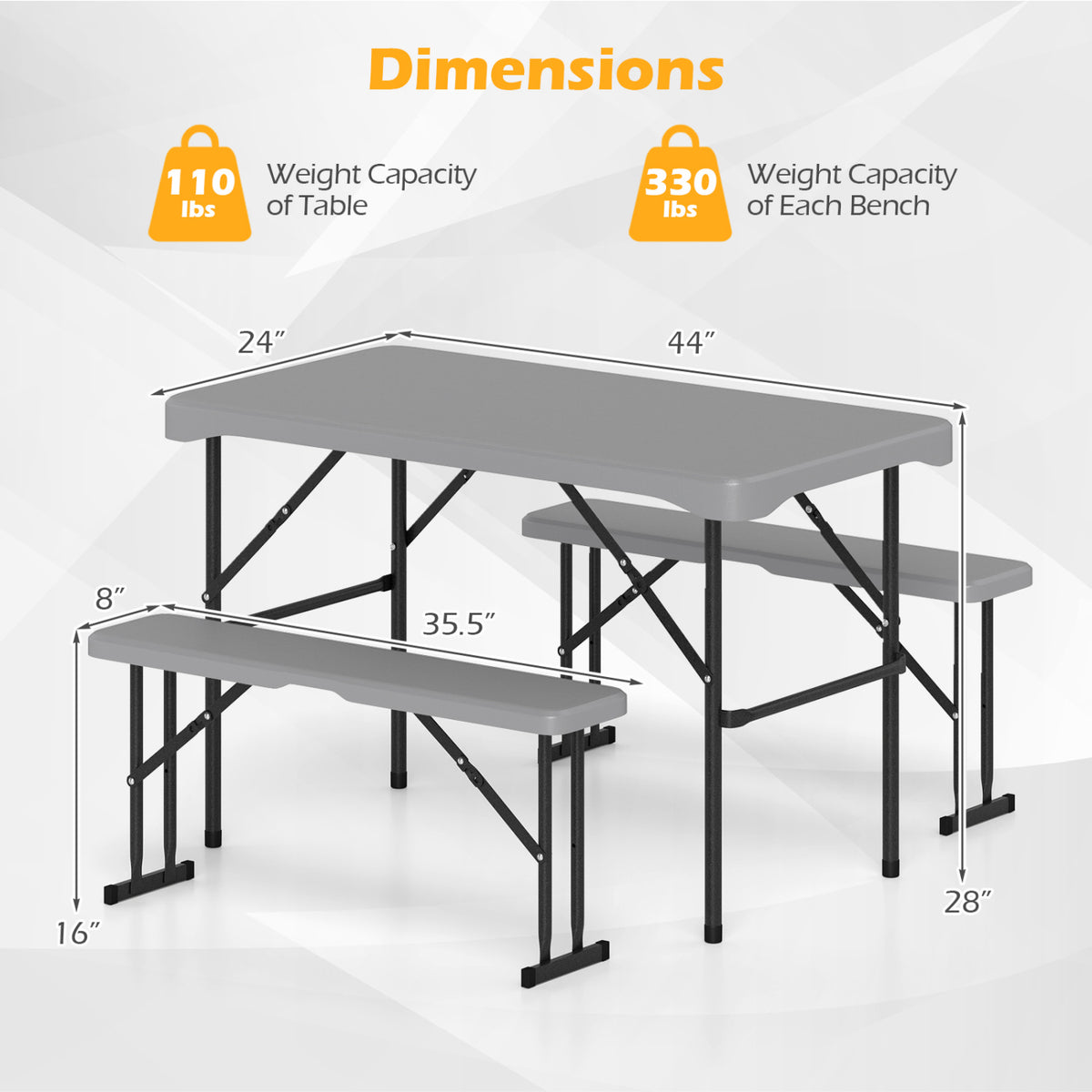 44" HDPE Folding Picnic Table Set with 2 Benches