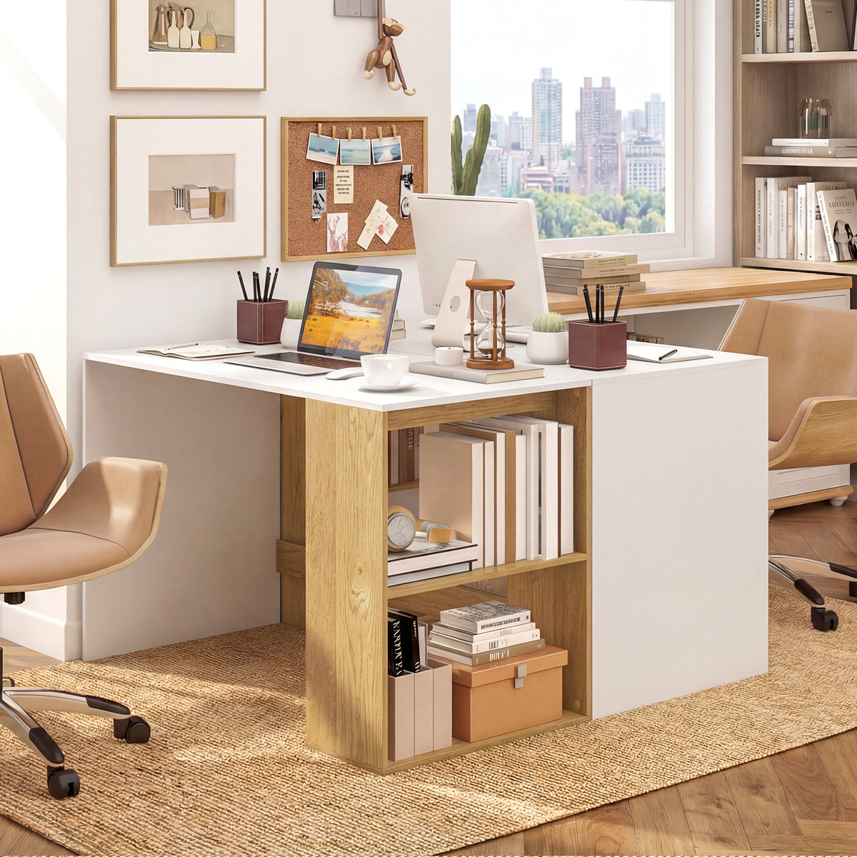 Wooden Computer Desk with Bookshelf for Small Space