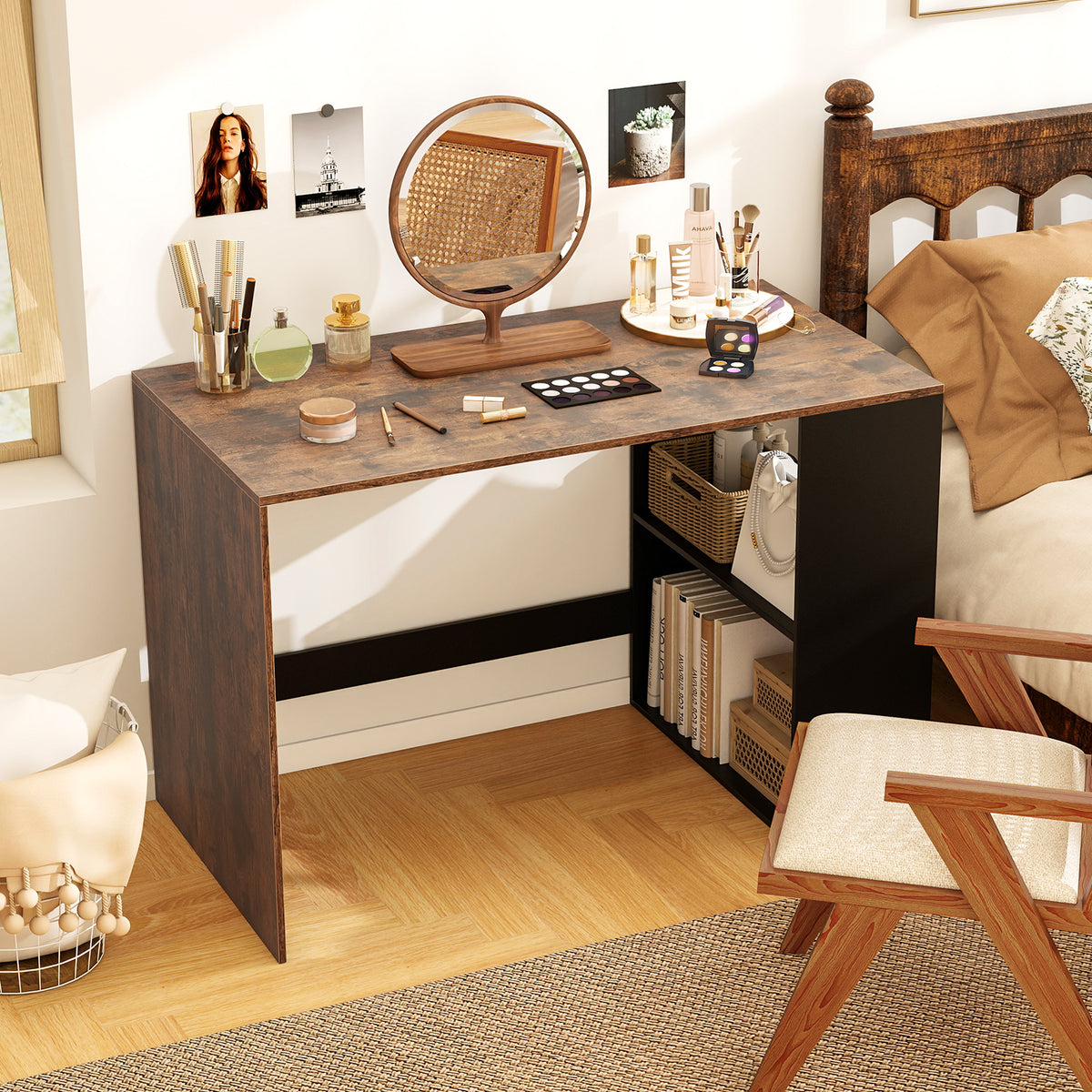 Wooden Computer Desk with Bookshelf for Small Space