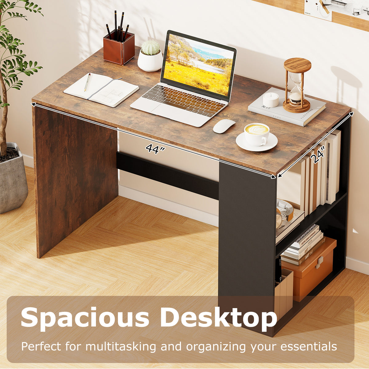 Wooden Computer Desk with Bookshelf for Small Space