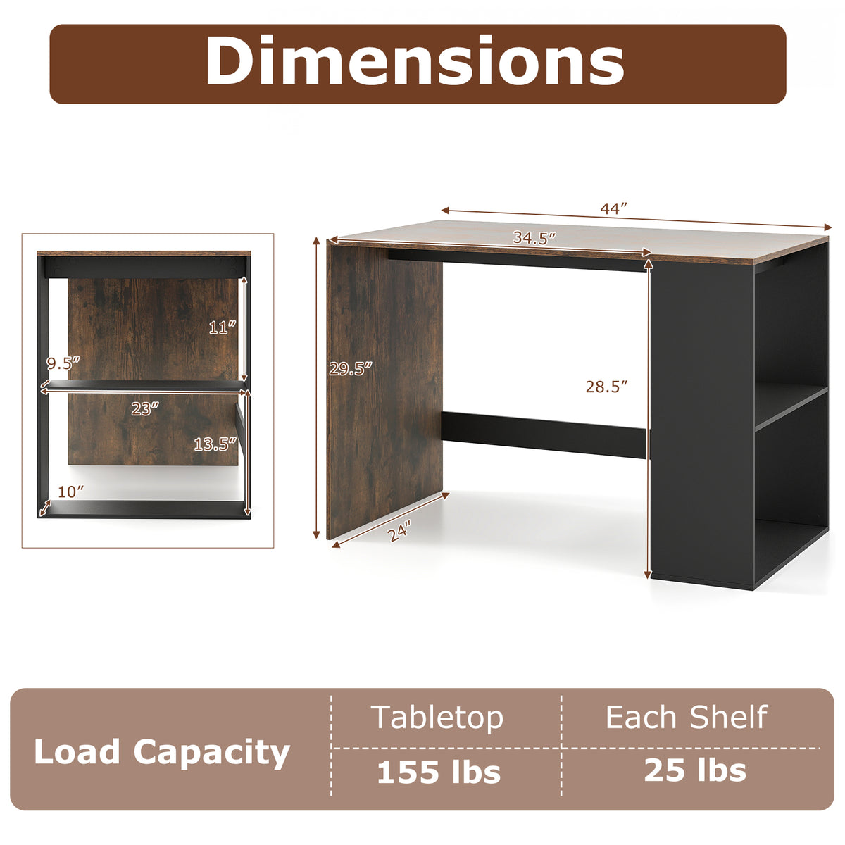 Wooden Computer Desk with Bookshelf for Small Space