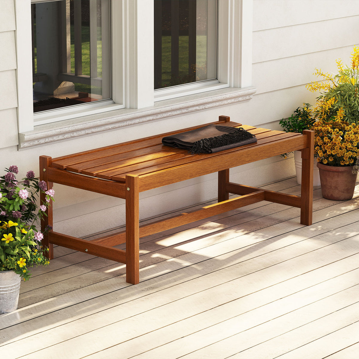 44" Patio Wood Bench Set of 1/2 Outdoor Solid Hardwood Dining Bench with Teak Oil Finish