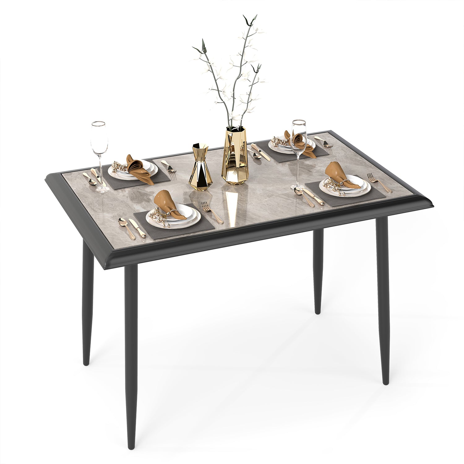 Sintered Stone Dining Table 44" Rectangular Kitchen Table with Metal Frame Indoor Modern Breakfast Table for Living Room Dining Room-Golden