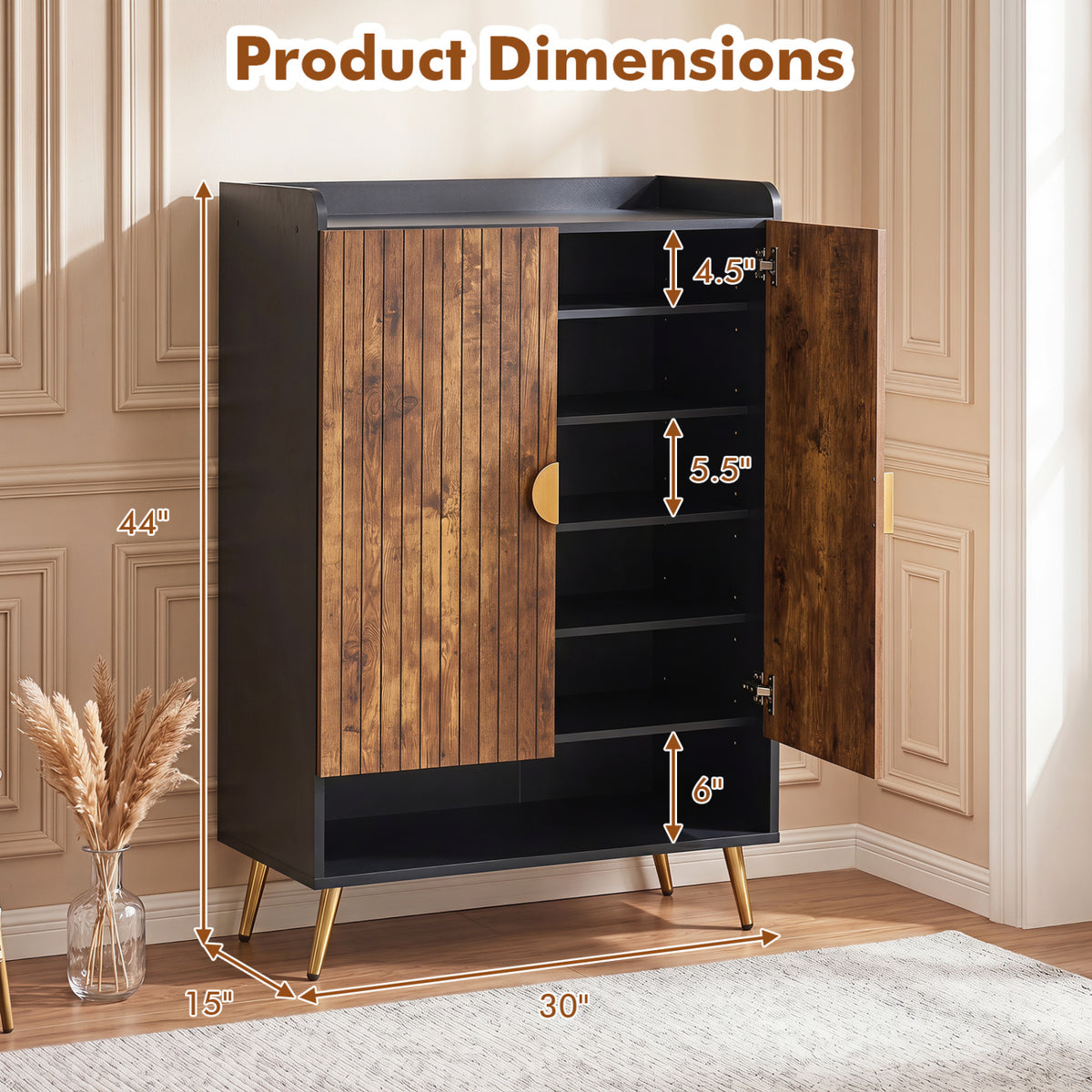 44" Tall Shoe Storage Cabinet with 7-Tier Doors and Adjustable Shelves for Entryway