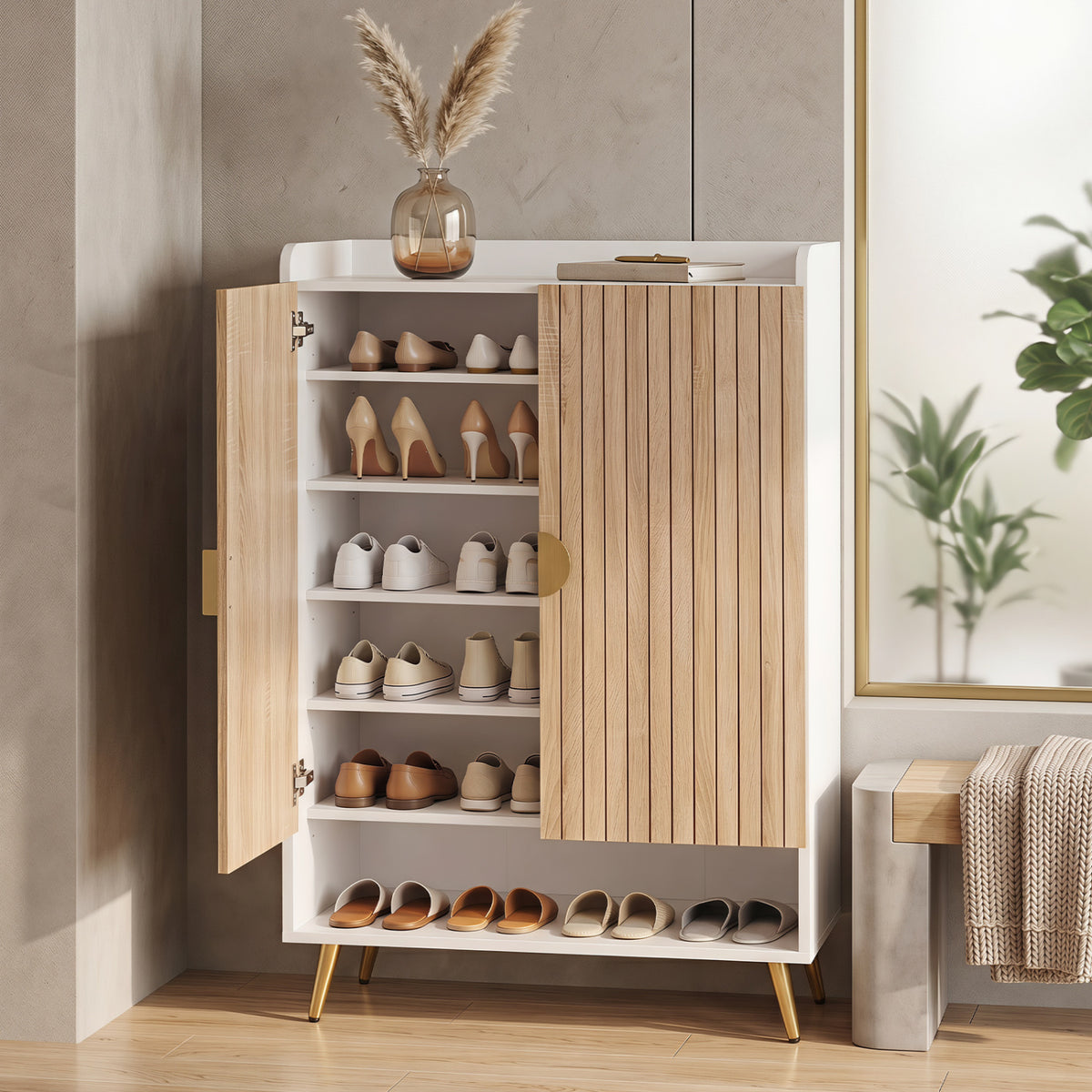 44" Tall Shoe Storage Cabinet with 7-Tier Doors and Adjustable Shelves for Entryway