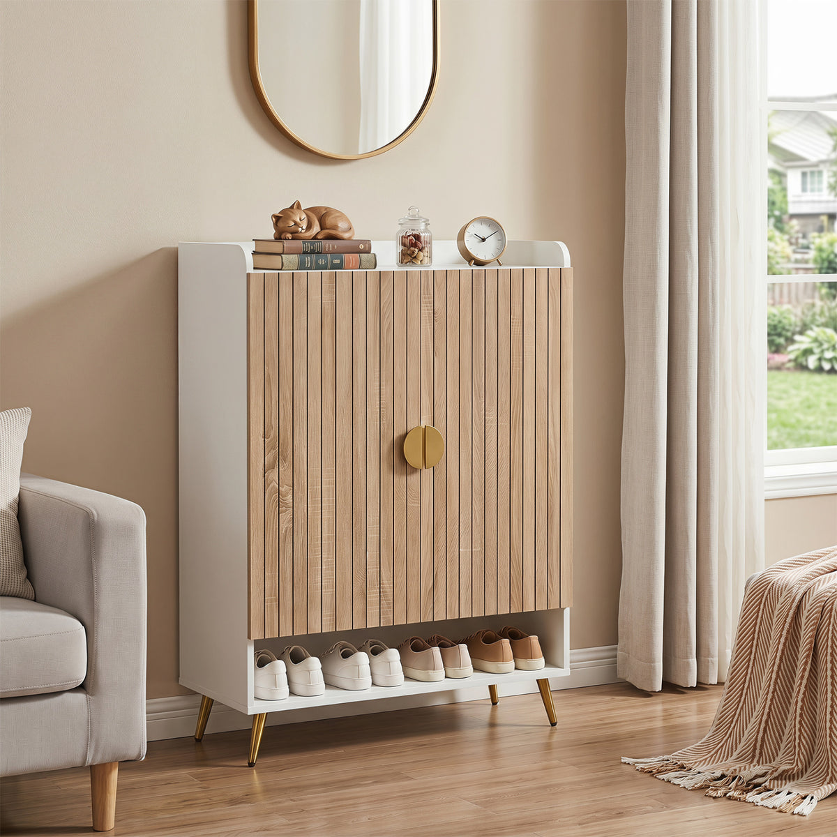 44" Tall Shoe Storage Cabinet with 7-Tier Doors and Adjustable Shelves for Entryway