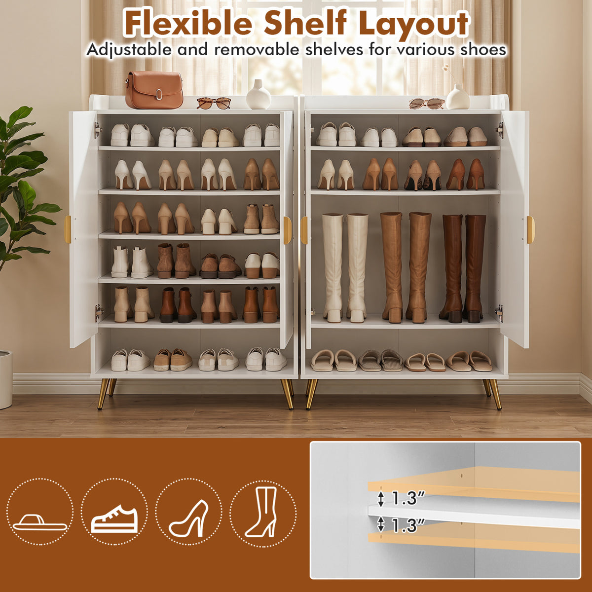 44" Tall Shoe Storage Cabinet with 7-Tier Doors and Adjustable Shelves for Entryway