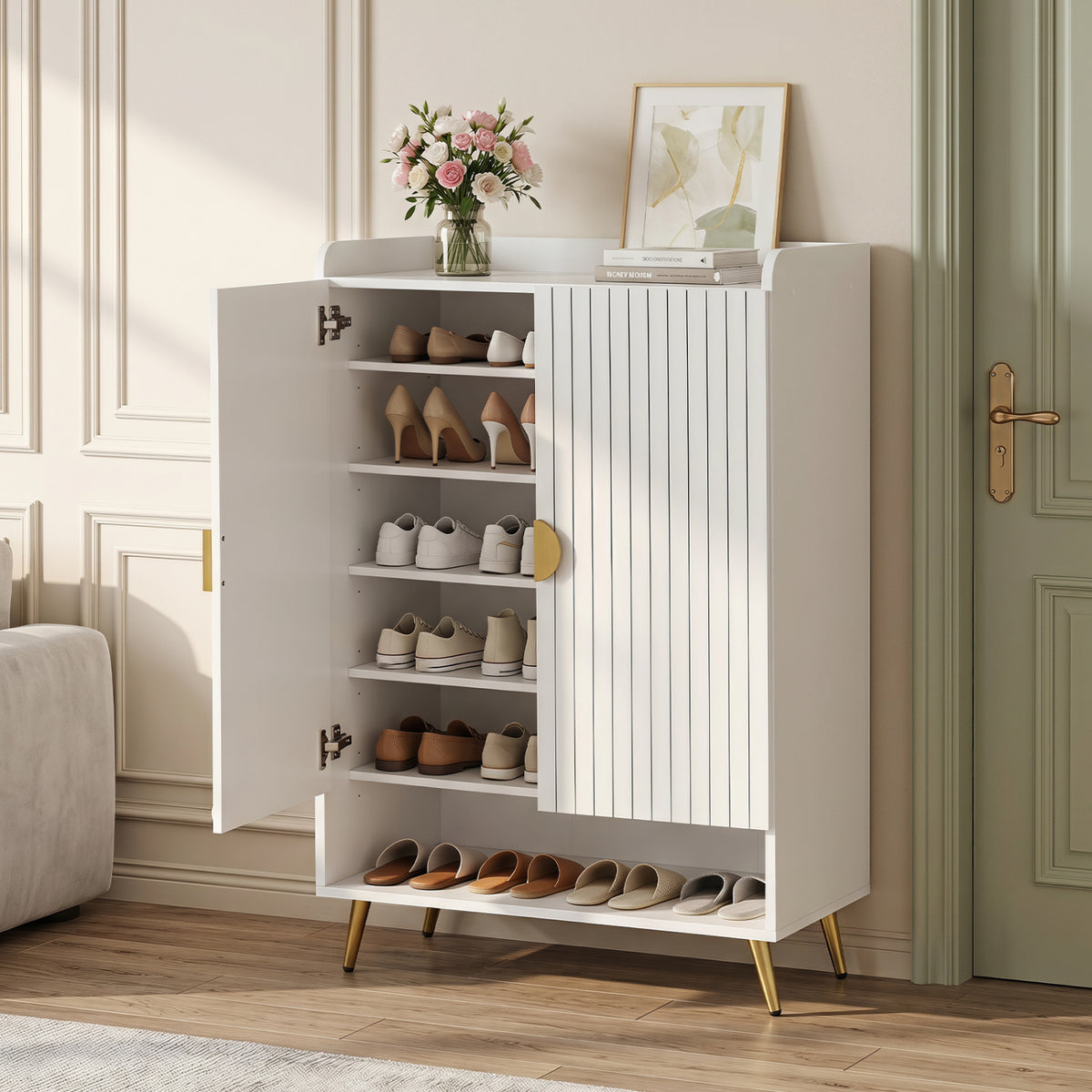 44" Tall Shoe Storage Cabinet with 7-Tier Doors and Adjustable Shelves for Entryway