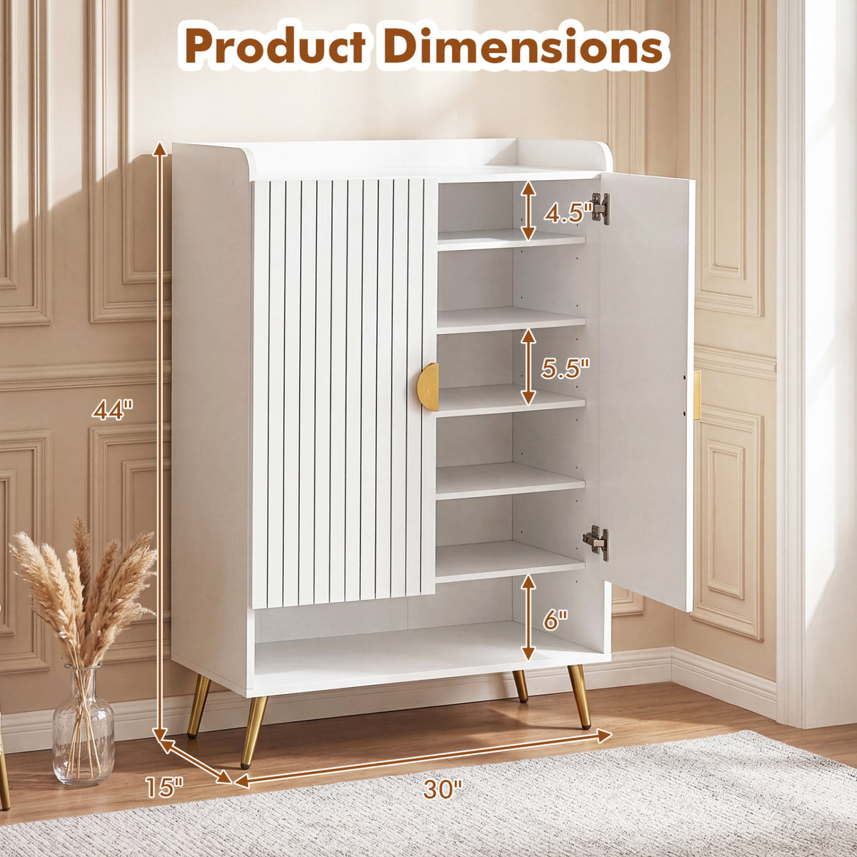 44" Tall Shoe Storage Cabinet with 7-Tier Doors and Adjustable Shelves for Entryway