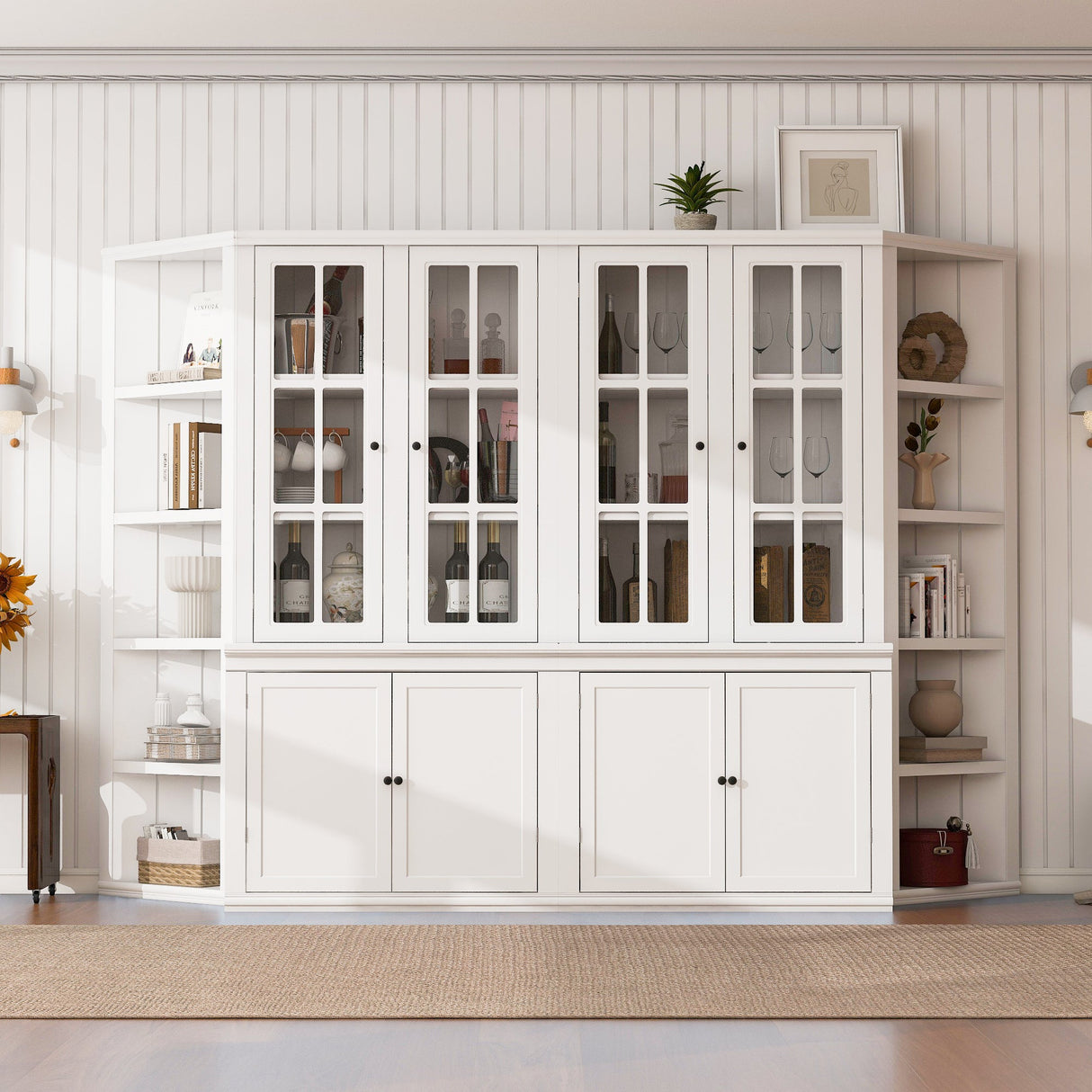 2x 75.25'' Tall Display Cabinets and Two Triangle Sided Bookshelves, 105.5'' Wide Retro Style Wall Suit with Glass Doors, for Hallways, Living room, Office, Studio or Workspace - White