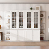 2x 75.25'' Tall Display Cabinets and Two Triangle Sided Bookshelves, 105.5'' Wide Retro Style Wall Suit with Glass Doors, for Hallways, Living room, Office, Studio or Workspace - White