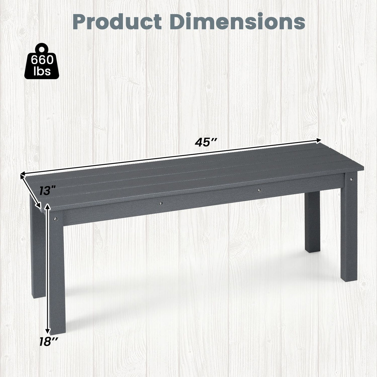 45" Outdoor HDPE Bench with 660 lbs Capacity with Slatted Seat for Patio