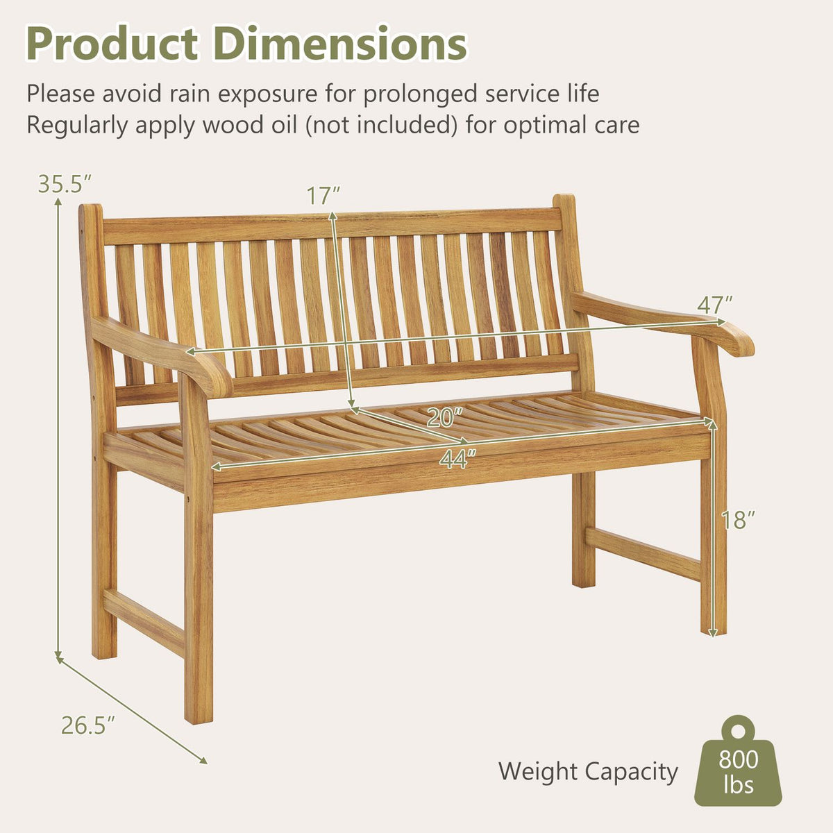 47" Teak Wood Outdoor Garden Bench 800 lbs Capacity