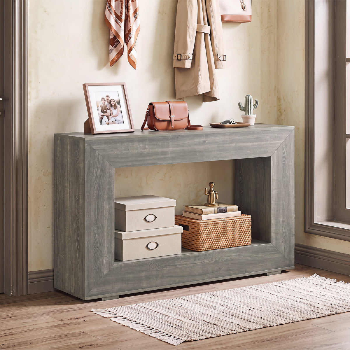 47" 2-Tier Farmhouse Console Table with Open Storage Shelf for Living Room