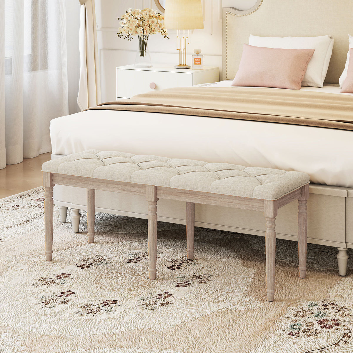 47.5 Inch Upholstered Bench with Carved Rubber Wood Legs and Padded Seat-Beige