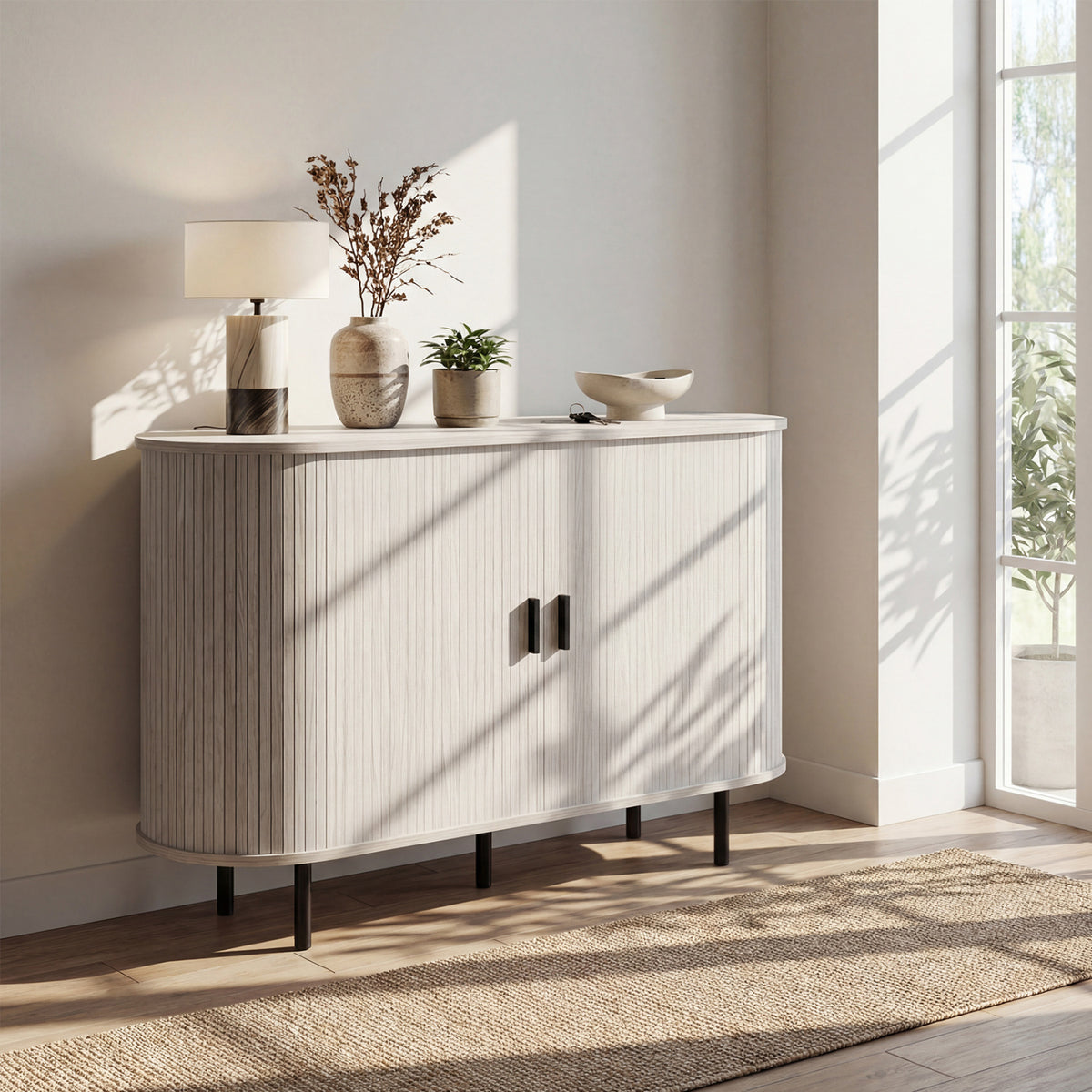 Fluted Sideboard Buffet Cabinet with Tambour Sliding Doors and Metal Legs