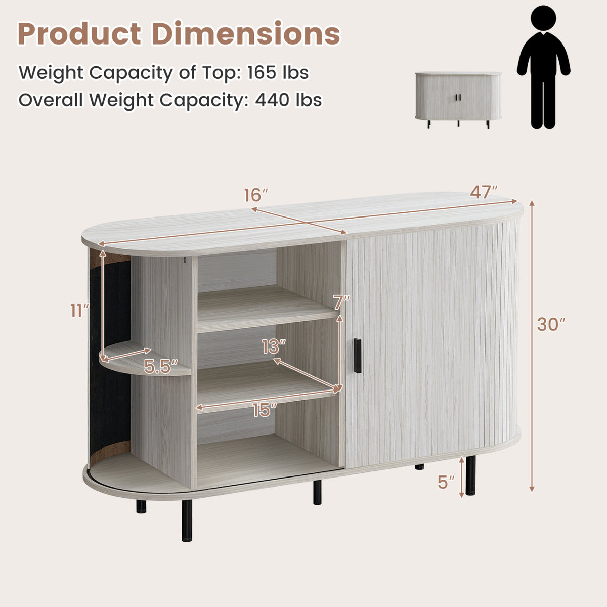 Fluted Sideboard Buffet Cabinet with Tambour Sliding Doors and Metal Legs