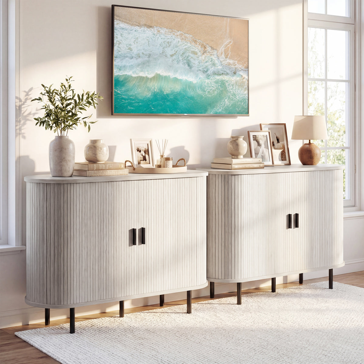 Fluted Sideboard Buffet Cabinet with Tambour Sliding Doors and Metal Legs