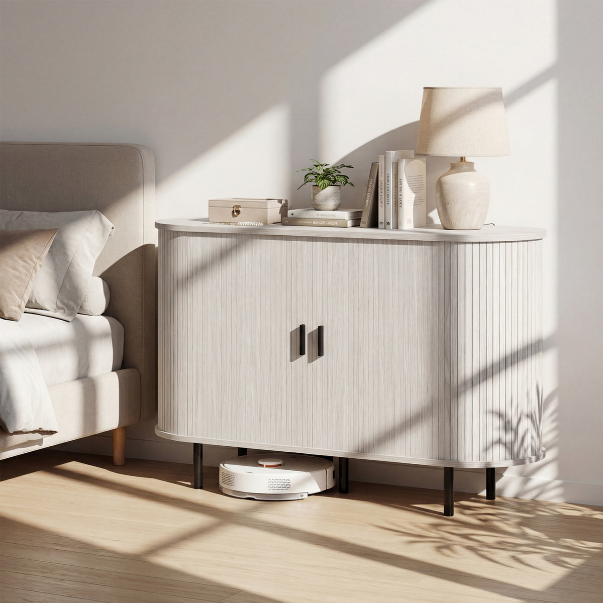 Fluted Sideboard Buffet Cabinet with Tambour Sliding Doors and Metal Legs