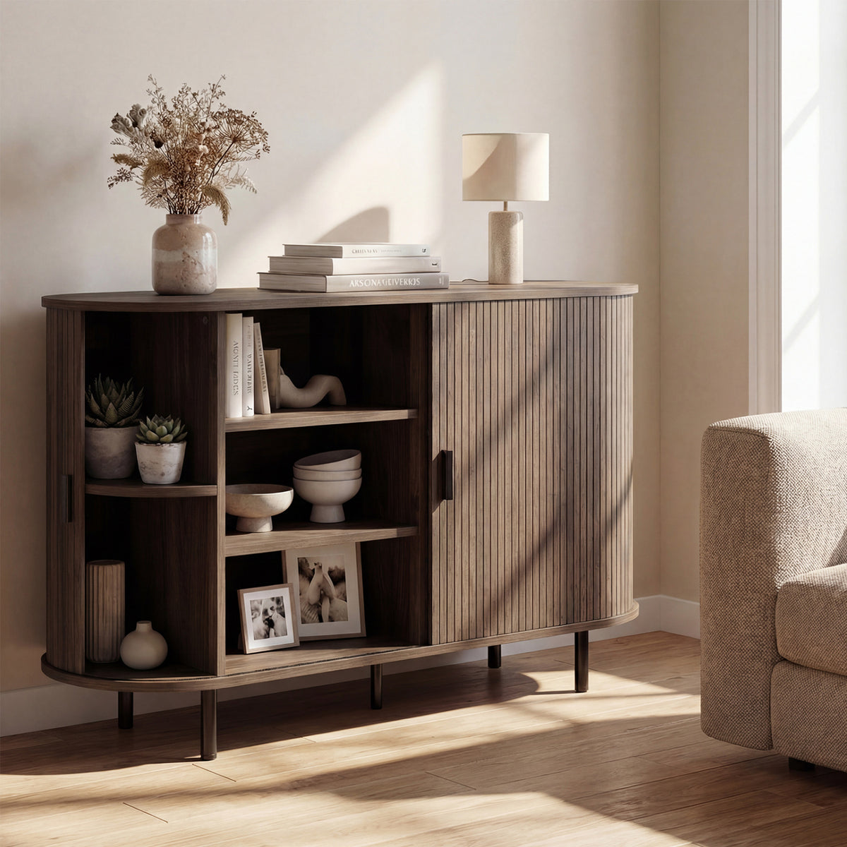 Fluted Sideboard Buffet Cabinet with Tambour Sliding Doors and Metal Legs