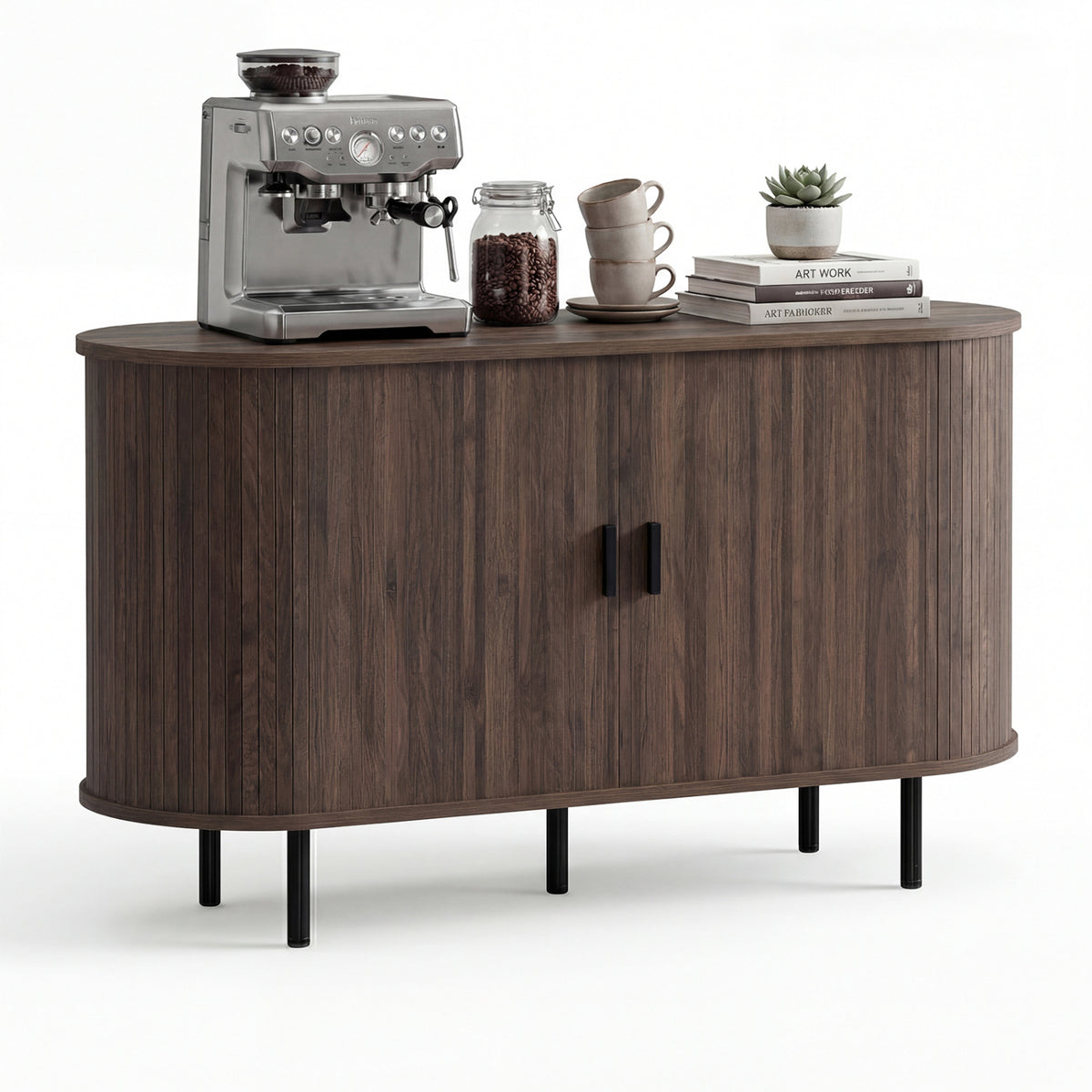 Fluted Sideboard Buffet Cabinet with Tambour Sliding Doors and Metal Legs