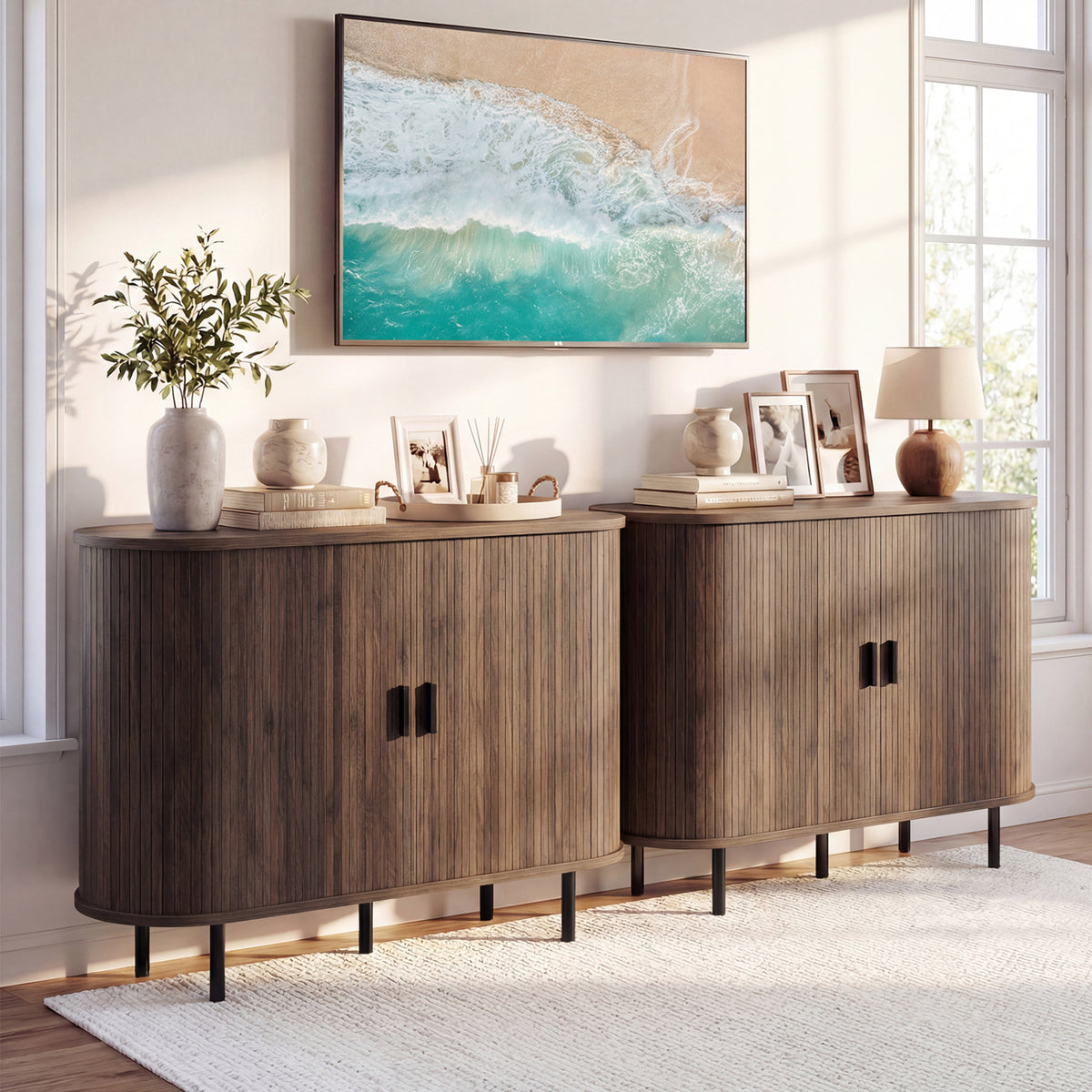 Fluted Sideboard Buffet Cabinet with Tambour Sliding Doors and Metal Legs