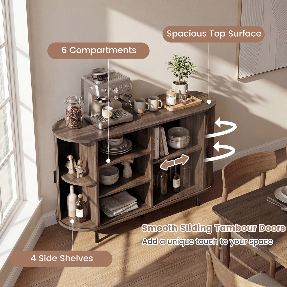 Fluted Sideboard Buffet Cabinet with Tambour Sliding Doors and Metal Legs