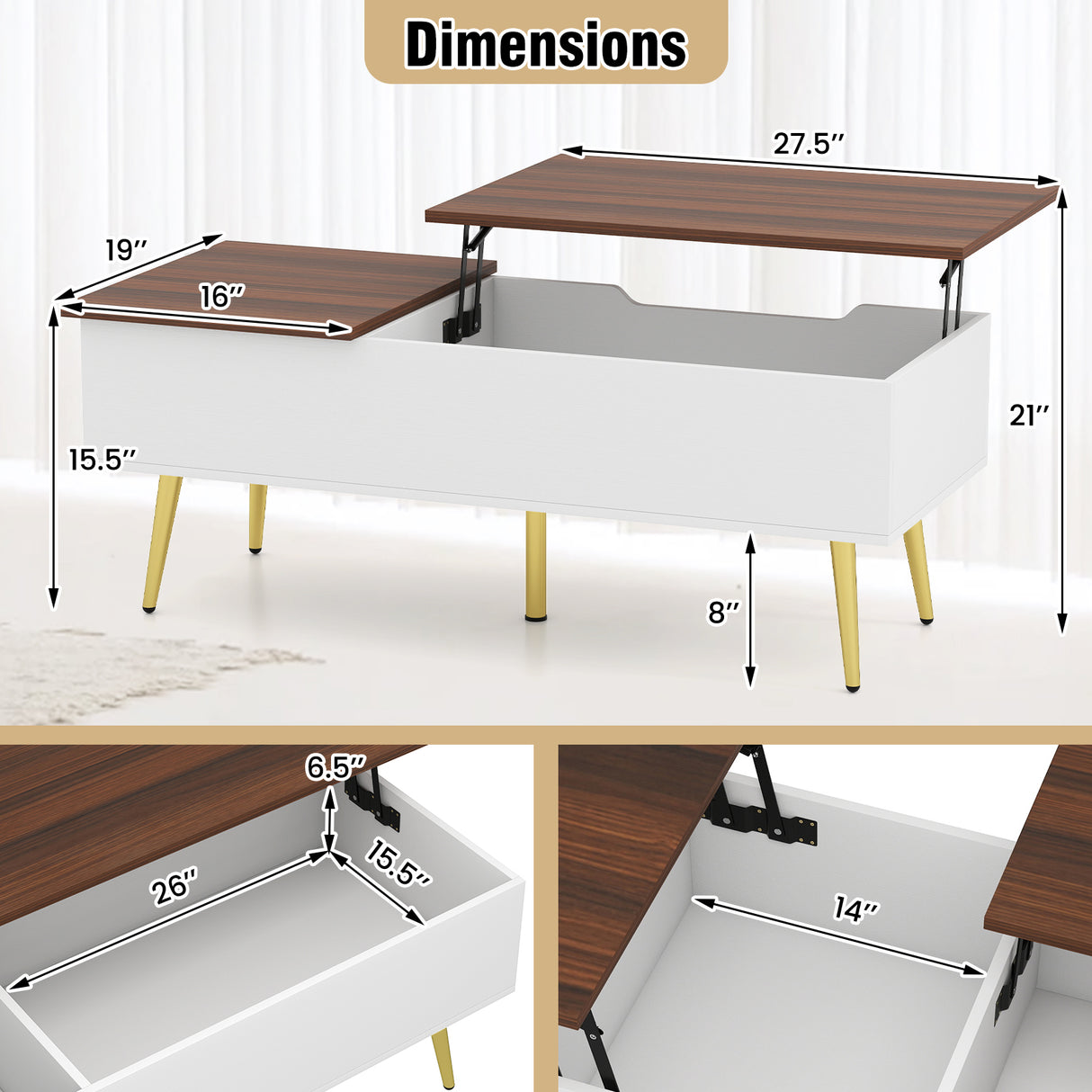 47 Inch Lift Top Coffee Table with 2 Hidden Compartments
